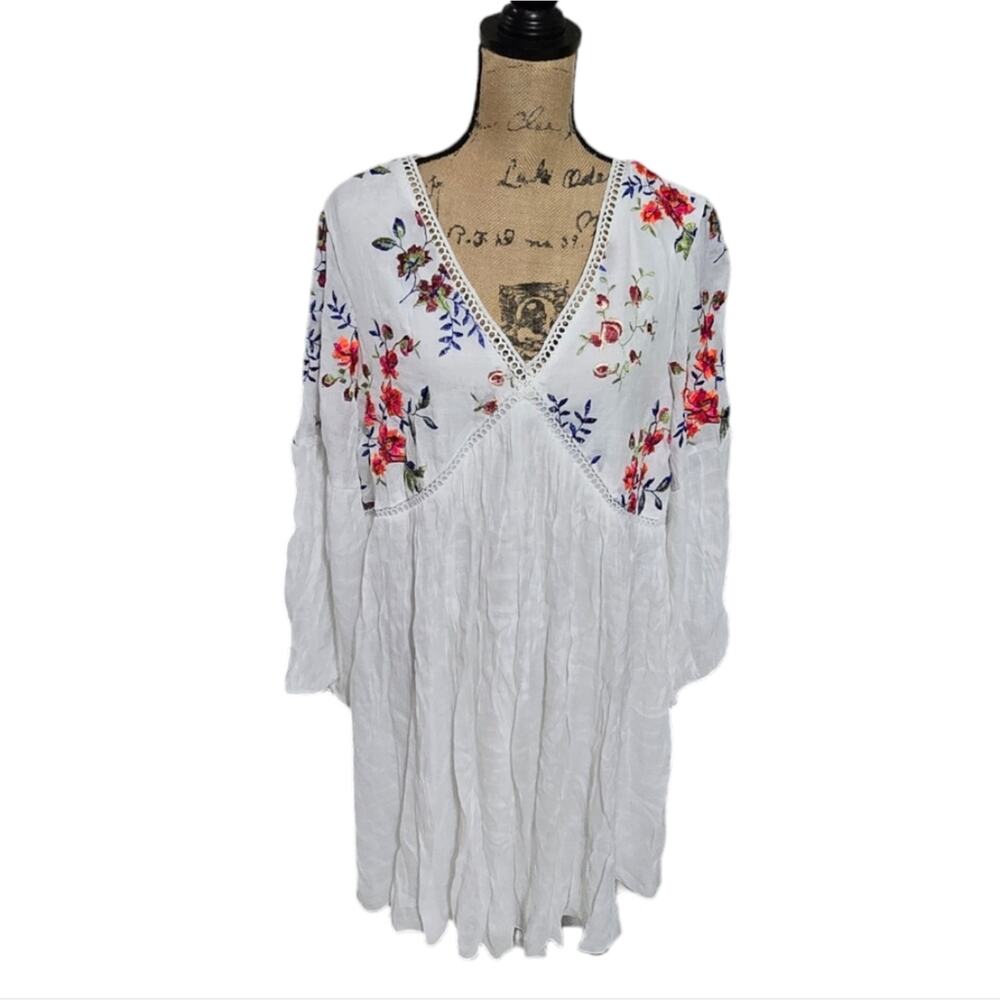 J. Gee White Embroidered Floral Gauzy Long Sleeve Mini‎ Dress Coverup Plus 1X 3X